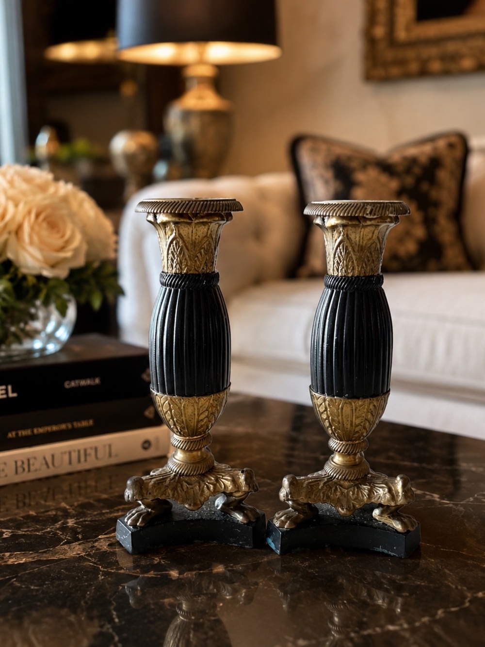 Vintage Brass & Black Urn Candlesticks Claw Foot Regence Style Pair